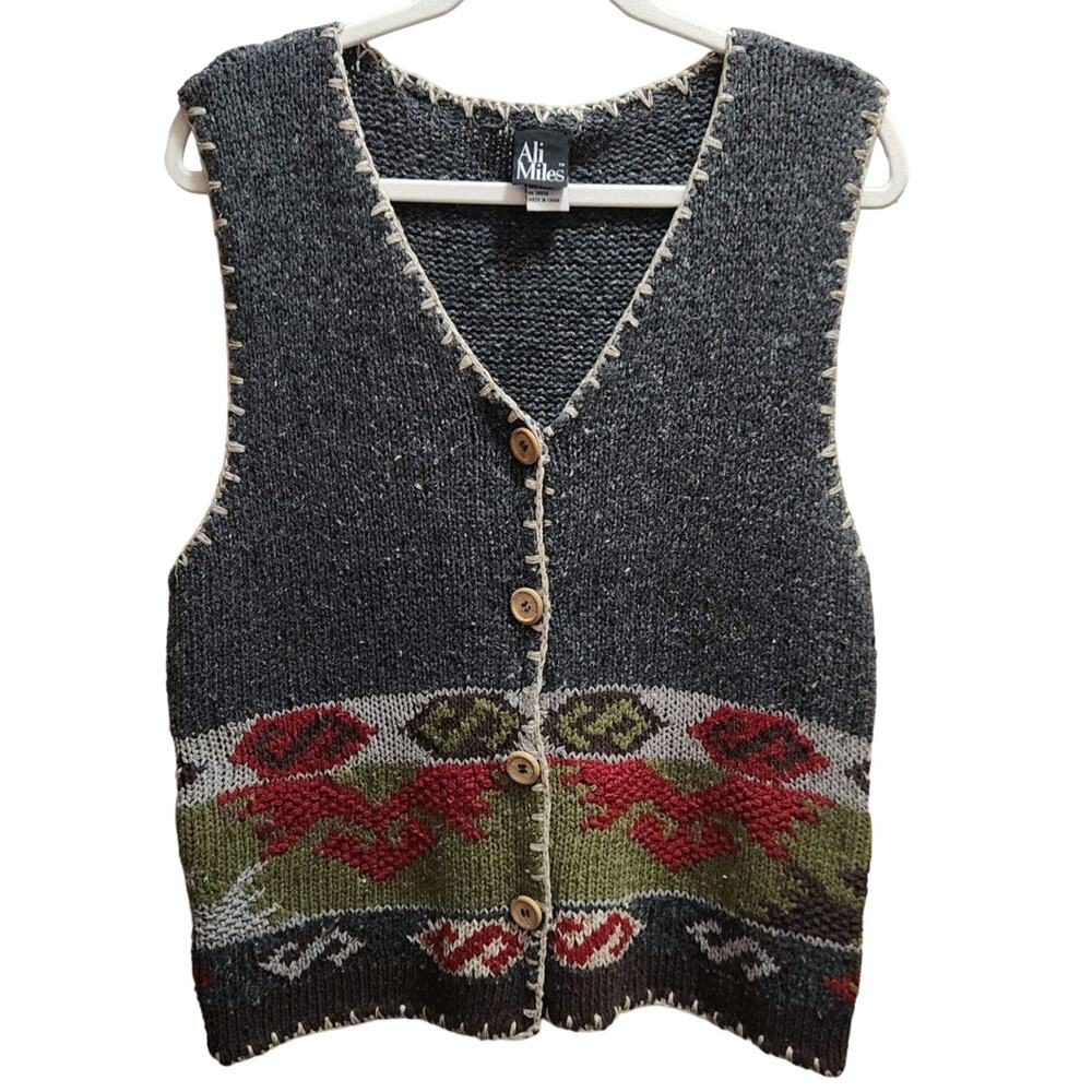 VTG ALI MILES Hand knit women's silk wool blend vest size small button